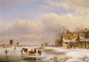 19世紀の遠くにある風車のある雪景色 作： Lodewijk Johannes Kleyn